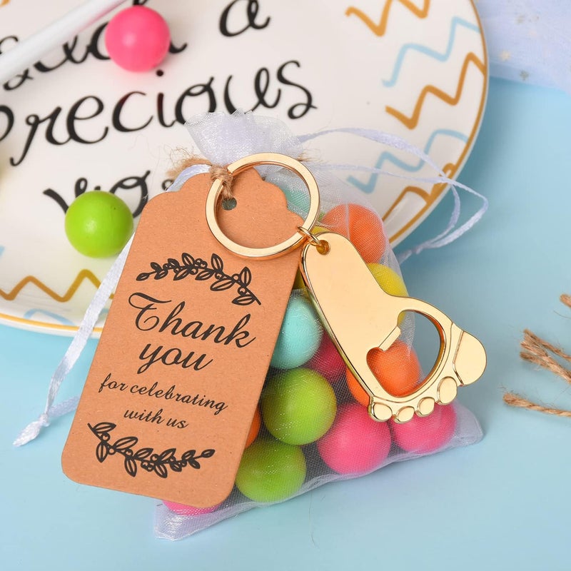 KaGrbves 50 Pieces Footprint Bottle Opener Baby Shower Favors for Guest with Key chain and Organza Bags Tags (gold) - Image 5